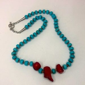 Southwestern Silver Plated Coral Reef Turquoise And Wood Bead Toggle Necklace